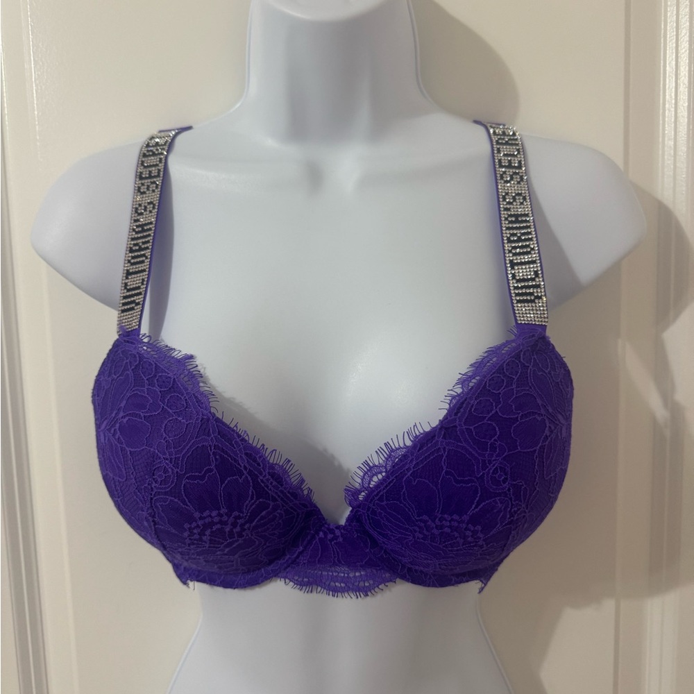 Victoria's Secret shine strap Purple Lace Bra with Silver Straps